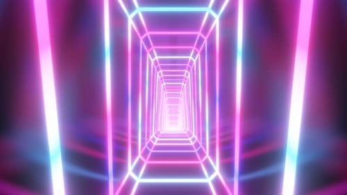 Abstract Retro Futuristic Neon Laser Glow Tunnel Hallway 3D Corridor - 4K