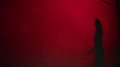 Creepy Death Silhouette Running for Victim with Axe on Red Background