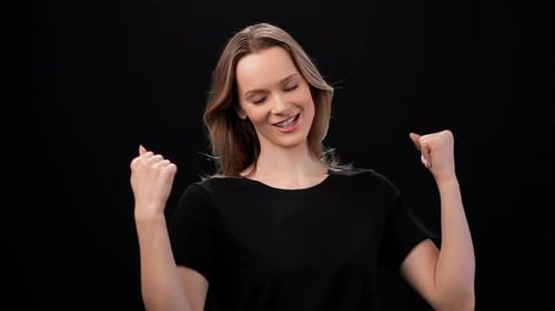 Successful Woman Showing Thumbs Up Gesture Cool Yes Winner Posing Isolated