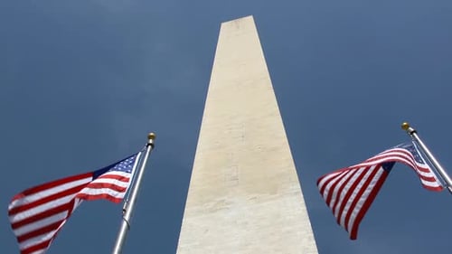 Washington Monument with American Flags Waving