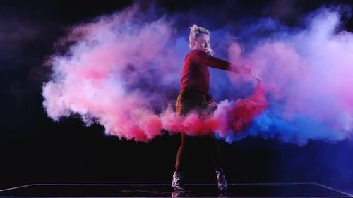 Woman Dancing with Red and Blue Smoke
