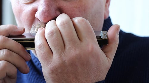 Adult Playing Harmonica Close Up Musical Instrument
