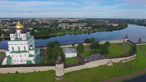 Aerial of Pskov Kremlin and Trinity Cathedral