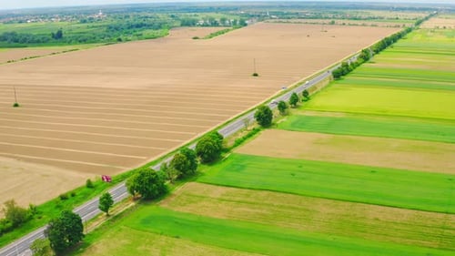 Drone Flies in Countryside Road