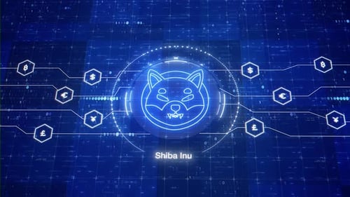 Logo animado de la ficha Shiba Inu. Moneda meme de criptomoneda SHIB. El token Shiba en el mundo digital.