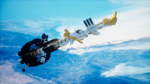 Futuristisches Raumschiff in der Nähe der Erde. Elemente dieses von der NASA bereitgestellten Bildes