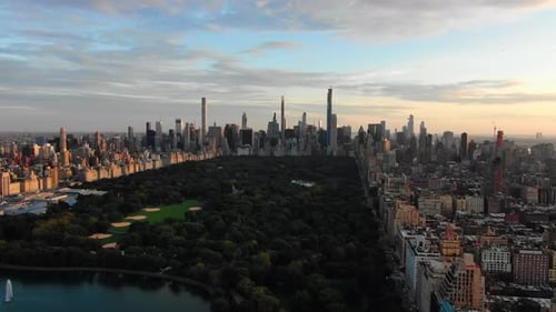 Aerial Drone Flight Above Green Central Park in Manhattan