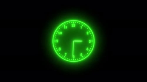 Grüne Neonuhr isoliert animiert auf schwarzem Hintergrund