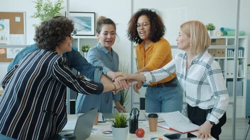 Diverse Group of Cheerful Women Joining Hands Then Applauding and Doing Highfive Gesture in Office
