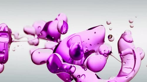 transparent purple, pink, violet oil bubbles and fluid shapes on a white gradient background. Cryst