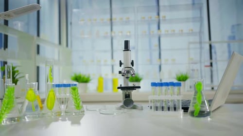 Closeup Modern Laboratory Plant Research Microscope and Test Tubes with Plants Nobody