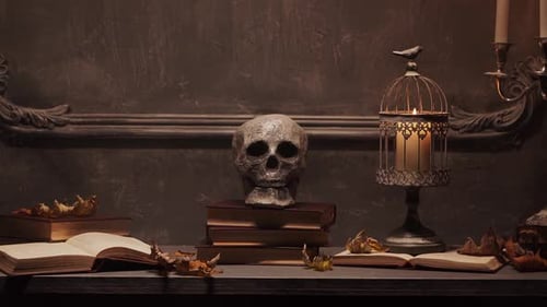 Mystischer Halloween-Stillleben-Hintergrund. Schädel, Kerzenständer mit Kerzen, alter Kamin.