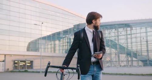 El gerente de la oficina va con su bicicleta cerca del edificio Urban Glass y usa el i-pad