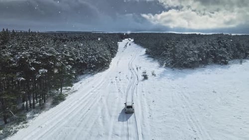 Aerial View of Car Moving By Road White Snowed Forest Around