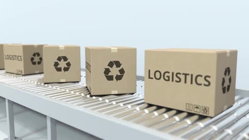 Logistics Boxes with Recycling Symbol on Factory Conveyor Belt