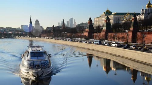 The Ship Floats on River Near Kremlin