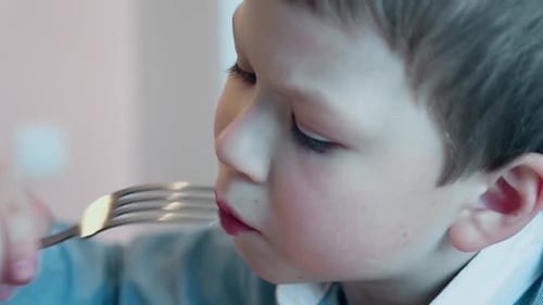 Boy Eating with a Fork in Close-Up