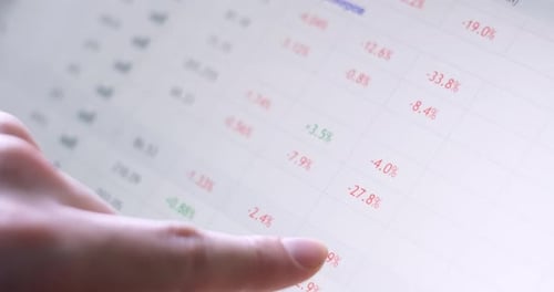 The Trader Moves His Finger on the Screen and Looks at Stock Quotes