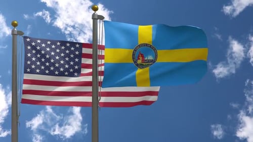 United States and Wilmington Delaware Flags Waving
