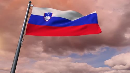 Slovenia National Flag Waving in Slow Motion Against Cloudy Sky