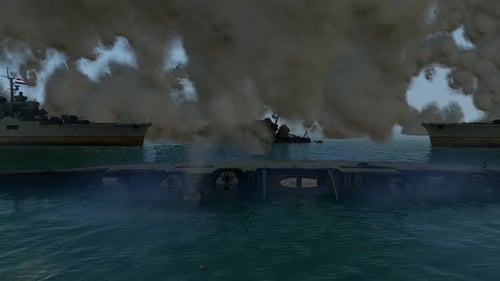 Naval Battle Scene with Sunken Submarine and Warships