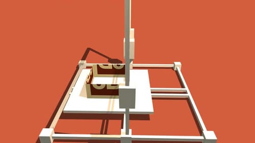 Simple Animation of Printing a 3D box with a 3D Printer. Red Background.