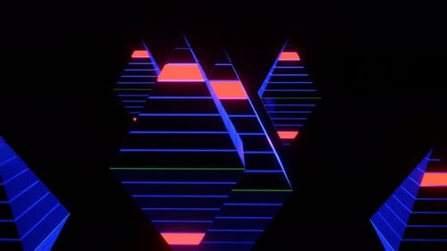 Pirâmides musicais de néon cintilante flutuantes abstratas