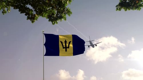 Barbados Flag Waving with Airplane Flying Over City Skyline
