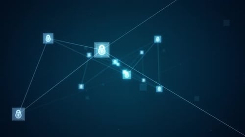 Blaues Sicherheitsschlüsselsymbol und futuristischer Würfel mit Netzwerkverbindung Meta Vers abstrakter Hintergrund