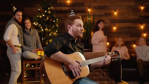 Friends Celebrating Christmas with Acoustic Guitar Music