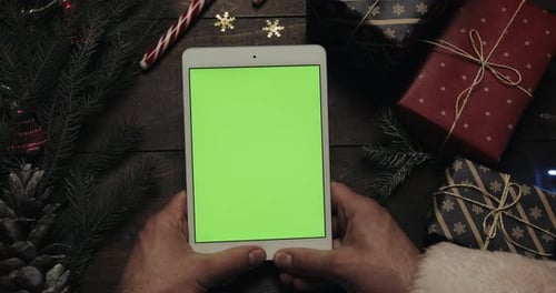 Hands Santa Claus Holding White Tablet Computer Green Screen