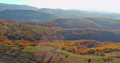 Landscape Panorama in the Mountains of Autumn Forest with Aerial View