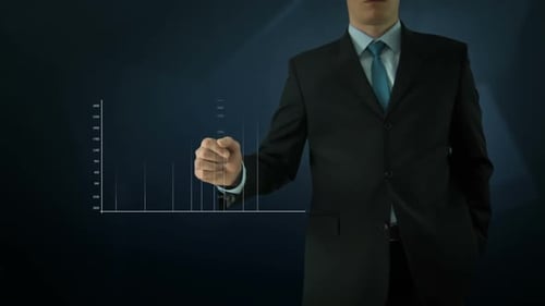 Man in Suit Gestures at Rising Data Chart
