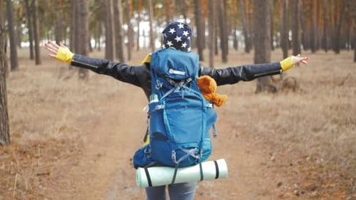 Happy Tourist with Backpack on Forest Pine Trees
