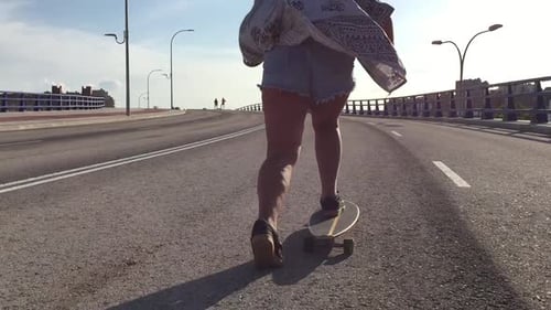Back view of portrait of long board babes