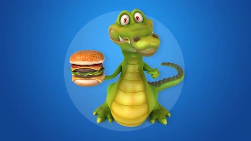 Funny 3D Cartoon Crocodile Holding Hamburger Animation