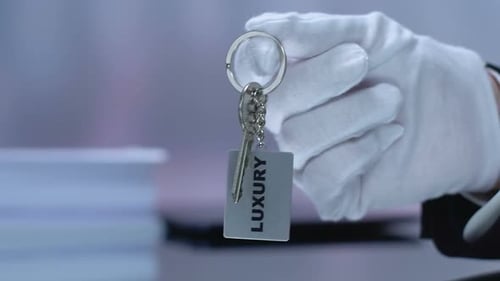 Administrator Hand Giving Luxury Room Key to Female Vip Client, Hotel Services