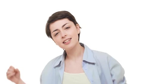 Excited Woman Singing and Dancing on White Background