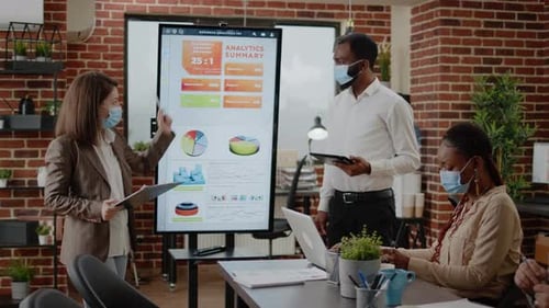 Business Presentation in Modern Office With Face Masks