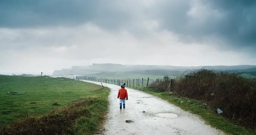 Child From Back Walk on Country Road to the Ocean