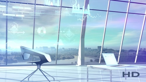 Laptop In A Large Bright Office With Animated Infographics HD
