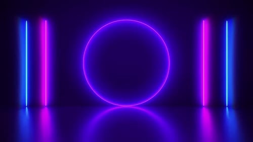 Abstrakter Neon-Hintergrund, Lasershow im Kreis und Linien in leuchtenden Farben des rosa und blauen Spektrums. 4