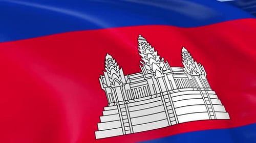 Realistic Waving Cambodia National Flag with Angkor Wat Temple