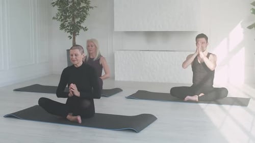 People doing yoga in a bright room