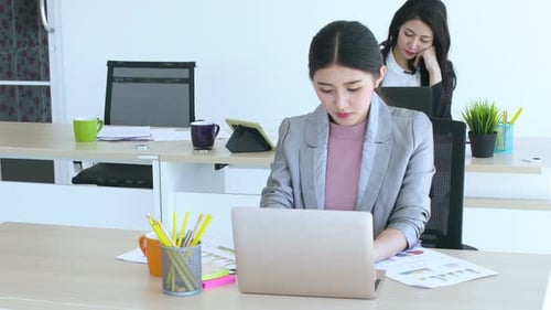Two Young Women Working at Desks in Office