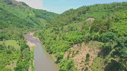 Drone Removes From Bridge Shows River Against Highlands