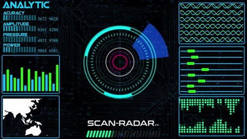 Futuristic HUD Display with Data Analytics and Radar Scan