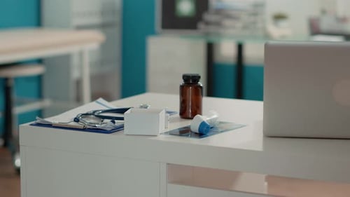 Clean Medical Office with Stethoscope and Computer