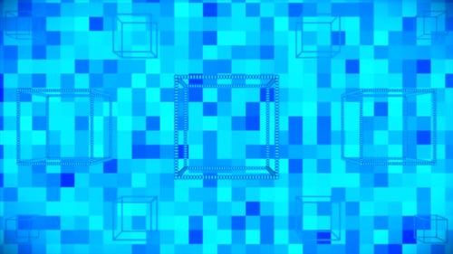 Rotating Wireframe Cubes on Digital Pixel Background