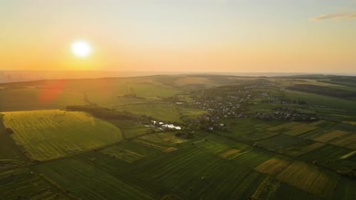 Aerial Landscape View of Green Cultivated Agricultural Fields with Growing Crops and Distant Village